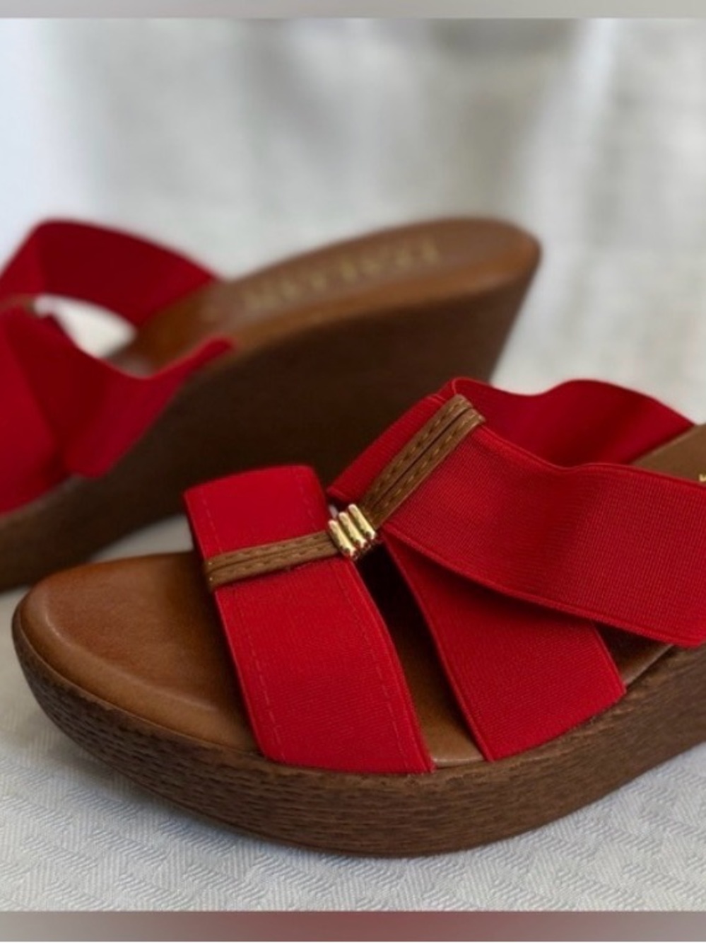 Italian Shoemaker Red Wedge Slide Sandals with Brown Footbed